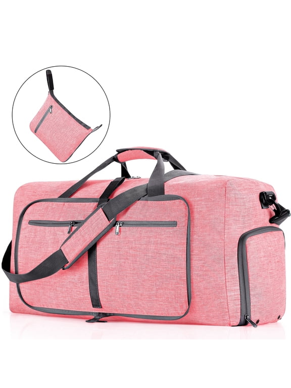 Travel Duffle Bag for Men Women, 65L Foldable Travel Duffel Bag with Shoes Compartment, 24" Extra Large Overnight Bag, Waterproof & Tear Resistant Weekender Bags (Pink)