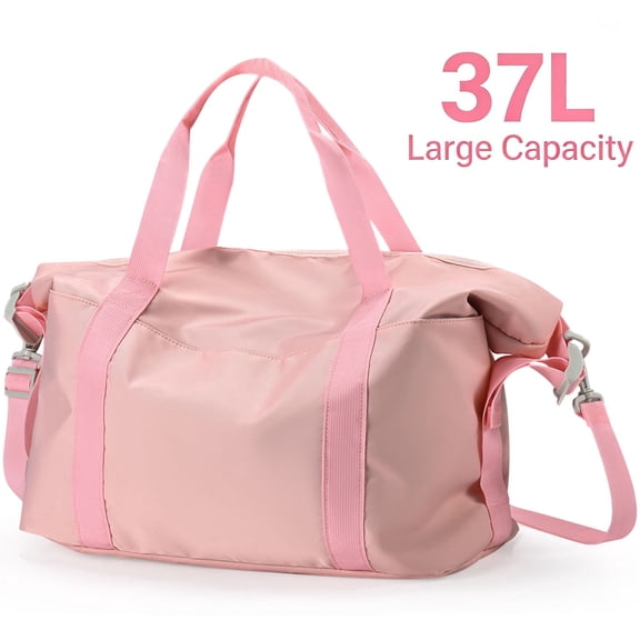 Duffle Bag for Travel, 37L Expendable Carry on Weekender Duffel, Lightweight Personal Gym Bag with with Wet Dry Pocket/Front Phone Pocket/Trolley Sleeve Pocket - Pink