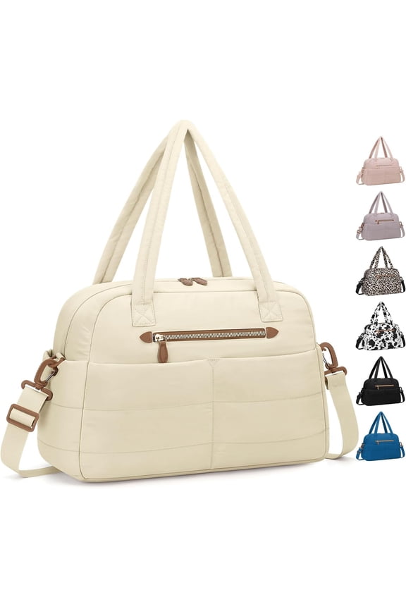 Travel Duffle Bag,Puffer Carry Duffel Bag with Laptop Compartment Overnight Weekender Bags for Women Large Tote Bags for Labor and Delivery(Large,Beige)