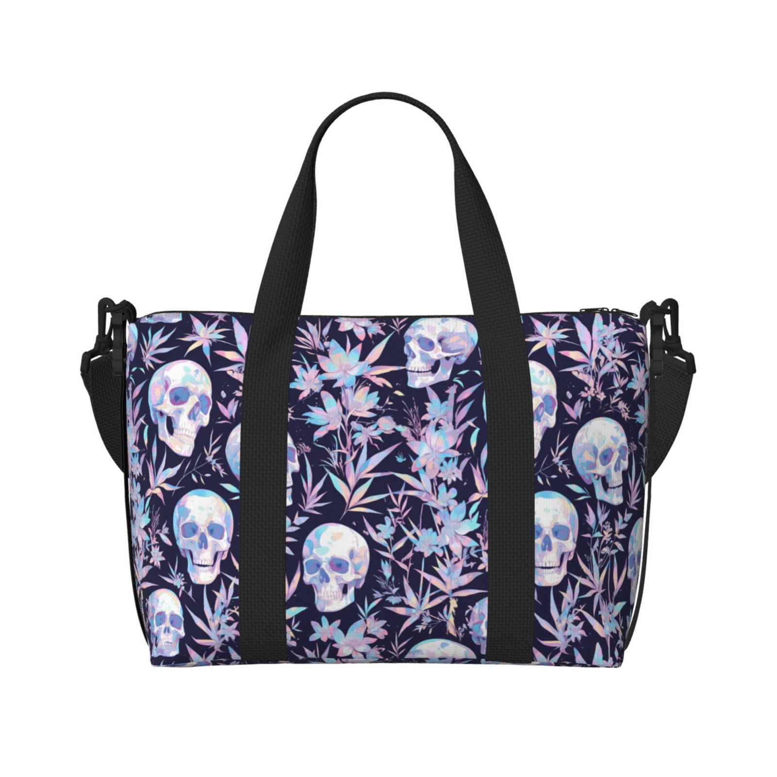 Skull Print Travel Duffle Bag & Toiletry Bag Set - Neon Purple Gothic Gym Bag, Weekender, 20.5x13x7.9in