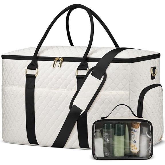 Travel Duffle Bag, Weekender Bag for Women with Shoe Compartment, Large Carry On Overnight Bag with Toiletry Bag, Gym Duffel Bag with Wet Pocket, Bags for Labor and Delivery (Beige Black)