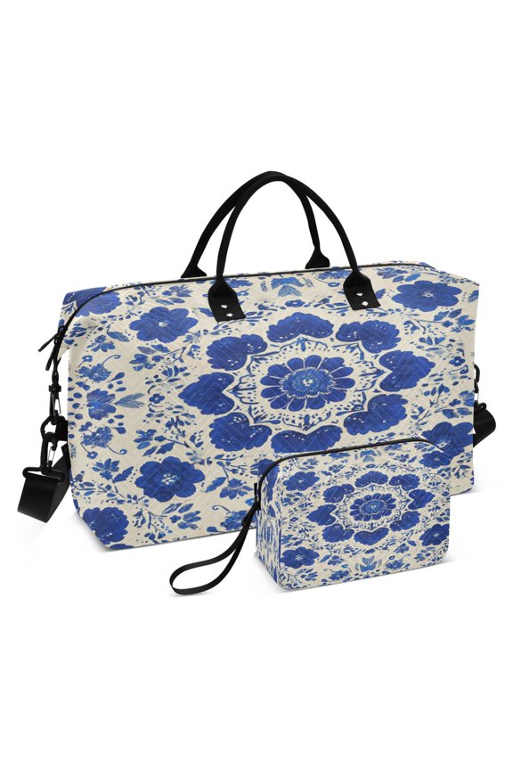 Travel Duffle Bag Weekender Bags Set with Large Organizer Bag and Cosmetics Pouch for Gym Trip Blue and White Batik Pattern