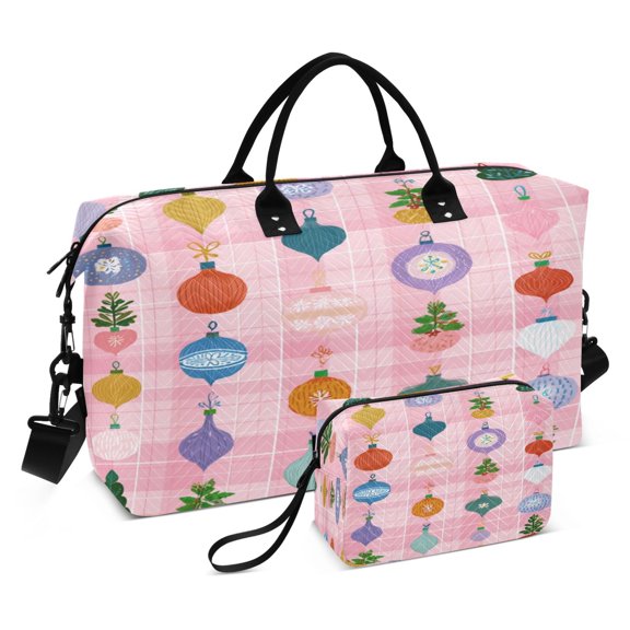 Travel Duffle Bag Weekender Bags Set with Large Organizer Bag and Cosmetics Pouch for Gym Trip Christmas Ornaments Pattern
