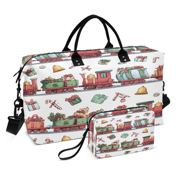Travel Duffle Bag Weekender Bags Set with Large Organizer Bag and Cosmetics Pouch for Gym Trip Christmas-themed Red Train Pattern