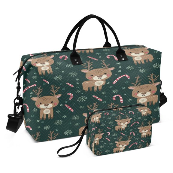 Travel Duffle Bag Weekender Bags Set with Large Organizer Bag and Cosmetics Pouch for Gym Trip Cute Christmas Reindeer Pattern