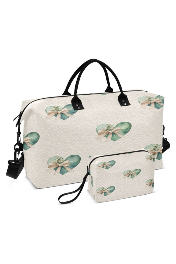 Travel Duffle Bag Weekender Bags Set with Large Organizer Bag and Cosmetics Pouch for Gym Trip Emerald Green Hearts Pattern