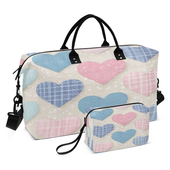 Travel Duffle Bag Weekender Bags Set with Large Organizer Bag and Cosmetics Pouch for Gym Trip Gingham Heart-shaped Pattern