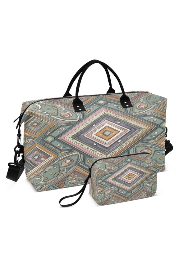 Travel Duffle Bag Weekender Bags Set with Large Organizer Bag and Cosmetics Pouch for Gym Trip Intricate Brown Batik Pattern