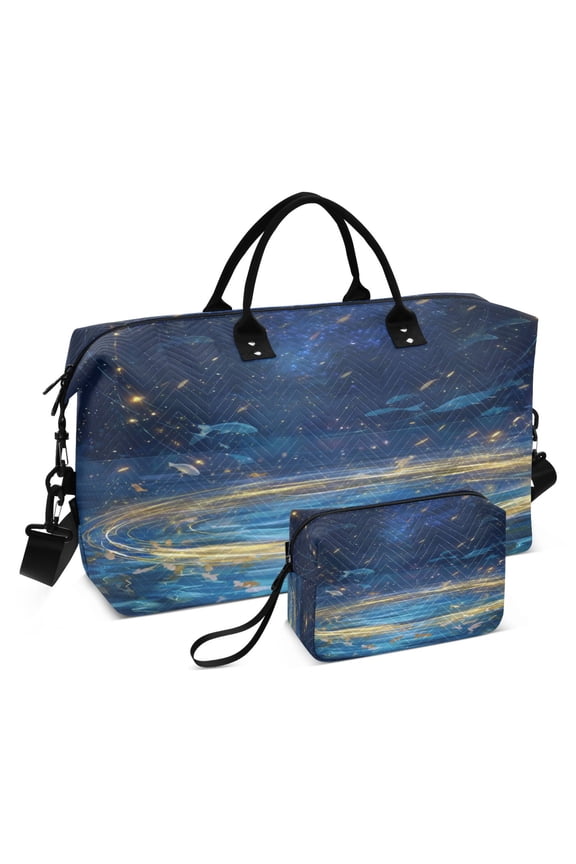 Travel Duffle Bag Weekender Bags Set with Large Organizer Bag and Cosmetics Pouch for Gym Trip Magical Night Sky with Fish
