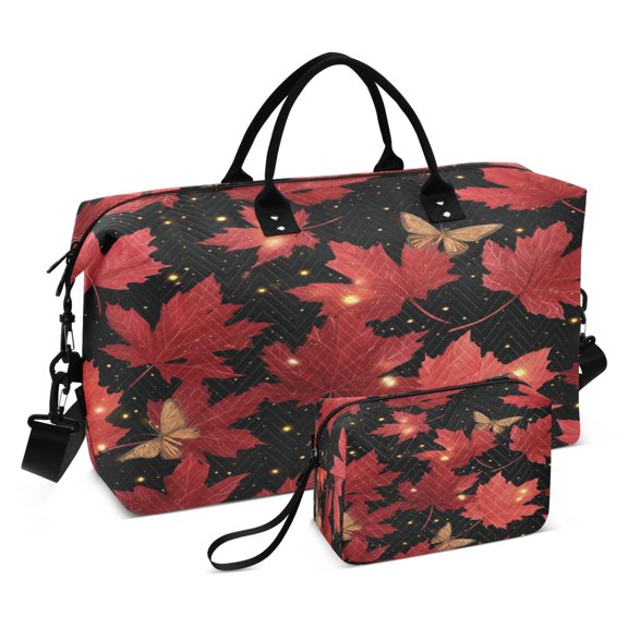 Travel Duffle Bag Weekender Bags Set with Large Organizer Bag and Cosmetics Pouch for Gym Trip Maple Leaves and Fireflies