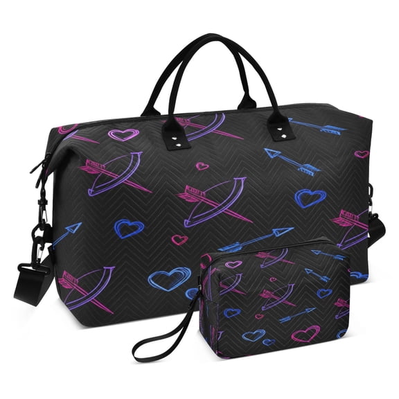 Travel Duffle Bag Weekender Bags Set with Large Organizer Bag and Cosmetics Pouch for Gym Trip Neon Hearts and Arrow