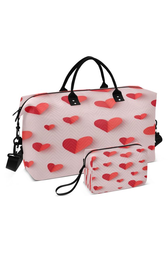 Travel Duffle Bag Weekender Bags Set with Large Organizer Bag and Cosmetics Pouch for Gym Trip Red Paper Hearts