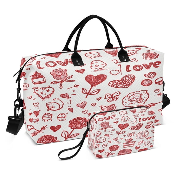 Travel Duffle Bag Weekender Bags Set with Large Organizer Bag and Cosmetics Pouch for Gym Trip Red Romantic Element Icon