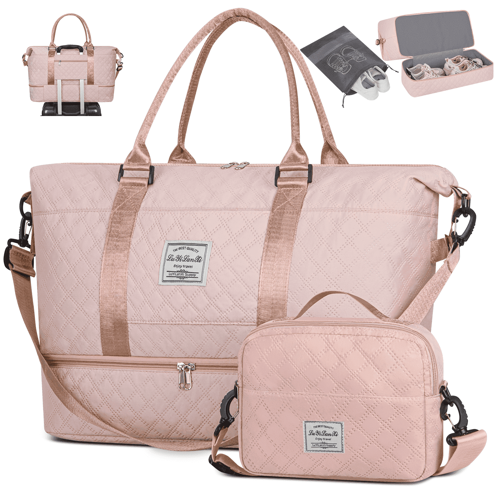 DAKOMM Weekender Overnight Bag for Women, Travel Duffel with Shoe & Wet Pockets, Includes Toiletry Bag, Ideal as Hospital or Personal Item Bag, Pink