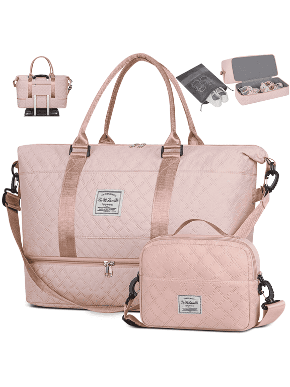 Weekender Overnight Bag for Women, Travel Duffel with Shoe & Wet Pockets, Includes Toiletry Bag, Ideal as Hospital or Personal Item Bag, Pink