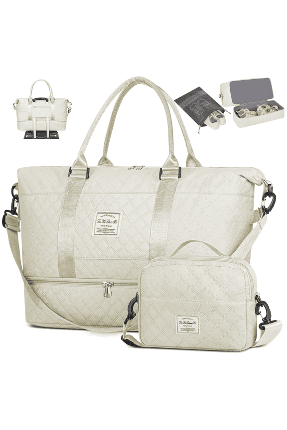 Weekender Bags for Women, Travel Duffel Bags with Shoe Compartment, Personal Item Travel Bag Weekender Overnight Bag Set Hospital Bags with Wet Pocket and Toiletry Bag for Labor and Delivery - White