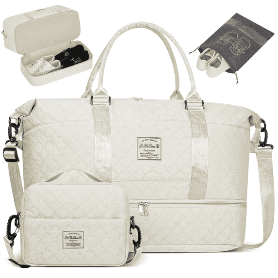 Travel Duffle Bag, Weekender Bags for Women with Shoe Compartment, Carry on Overnight Bag with Toiletry Bag and Shoes Bag, Gym Duffel Bag with Wet Pocket, Hospital Bags for Labor and Delivery, White