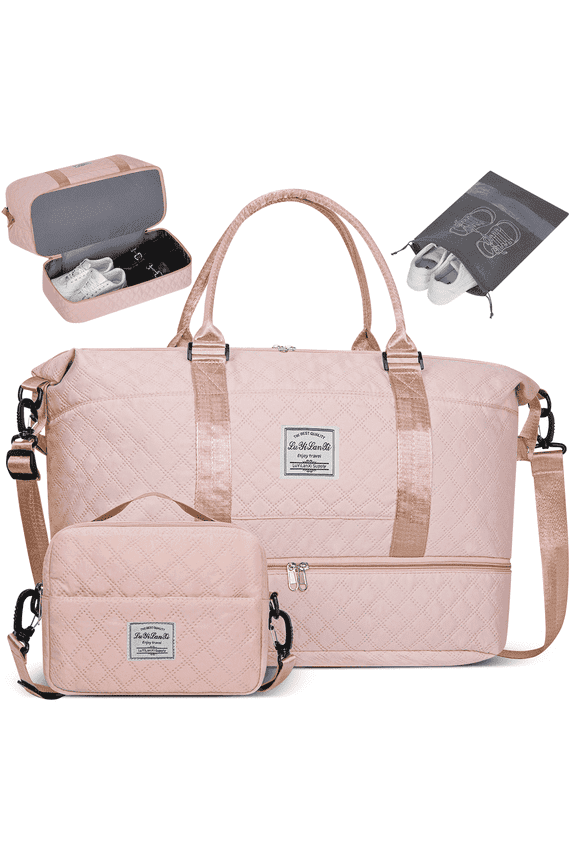 Travel Duffle Bag, Weekender Bags for Women with Shoe Compartment, Carry on Overnight Bag with Toiletry Bag and Shoes Bag, Gym Duffel Bag with Wet Pocket, Hospital Bags for Labor and Delivery, Pink