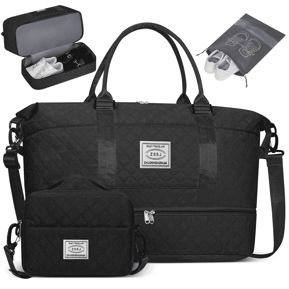 Travel Duffle Bag, Weekender Bags for Women with Shoe Compartment, Carry on Overnight Bag with Toiletry Bag and Shoes Bag, Gym Duffel Bag with Wet Pocket, Hospital Bags for Labor and Delivery, Black