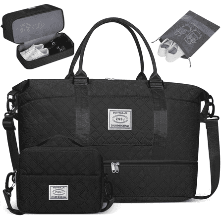Travel Duffle Bag, Weekender Bags for Women with Shoe Compartment, Carry on Overnight Bag with Toiletry Bag and Shoes Bag, Gym Duffel Bag with Wet Pocket, Hospital Bags for Labor and Delivery, Black