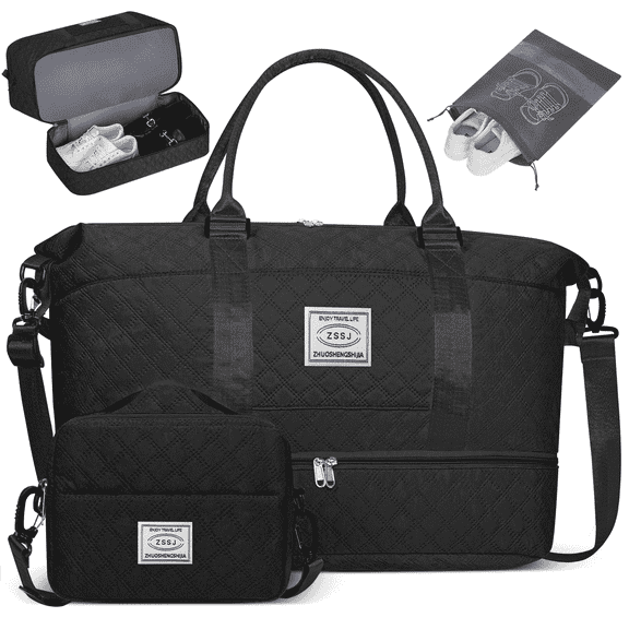 Travel Duffle Bag, Weekender Bags for Women with Shoe Compartment, Carry on Overnight Bag with Toiletry Bag and Shoes Bag, Gym Duffel Bag with Wet Pocket, Hospital Bags for Labor and Delivery, Black