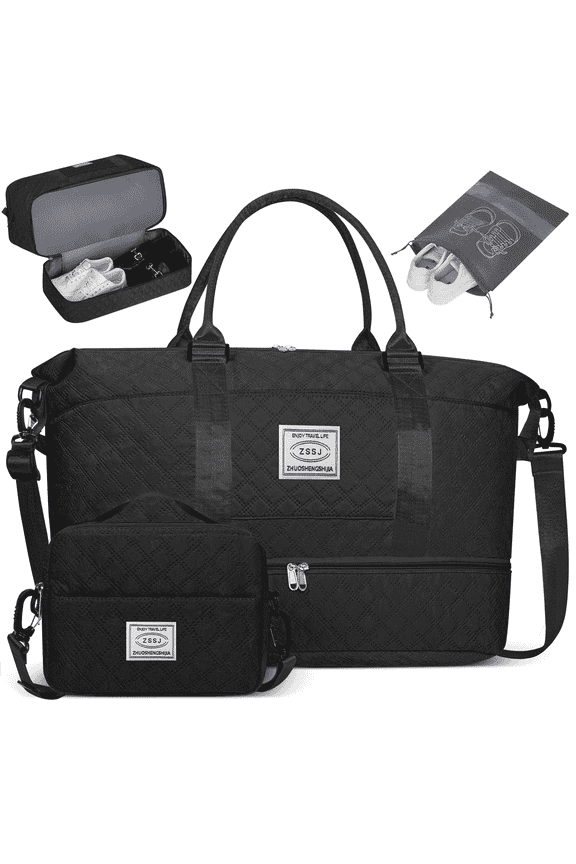 Travel Duffle Bag, Weekender Bags for Women with Shoe Compartment, Carry on Overnight Bag with Toiletry Bag and Shoes Bag, Gym Duffel Bag with Wet Pocket, Hospital Bags for Labor and Delivery, Black