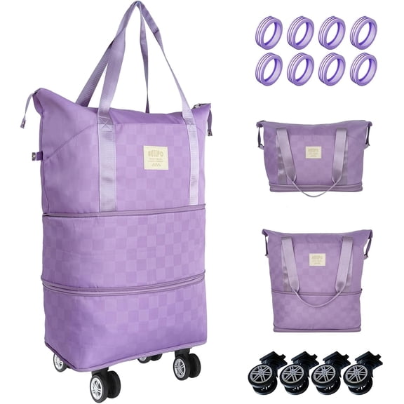Travel Duffle Bag with Wheels, 28-58L Expandable & Foldable Duffel Bag - Lightweight, Durable, Carry-On Luggage for Gym, Camping, Business Trip for Men & Women (Purple)