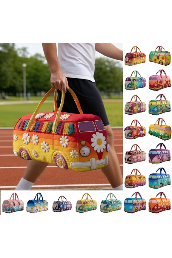 Travel Duffle Bag For Women Men, Hippie Bus Travel Bag Quilted Duffel Bag Vintage Floral Duffle Bag Boho Weekender Bags Carry On Gym Bag Luggage Bag Overnight Tote Bag For Plane Sports Dance Large