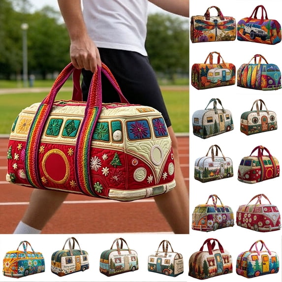Travel Duffle Bag For Women Men, Hippie Bus Travel Bag Quilted Duffel Bag Vintage Floral Duffle Bag Boho Weekender Bags Carry On Gym Bag Luggage Bag Overnight Tote Bag For Plane Sports Dance Medium