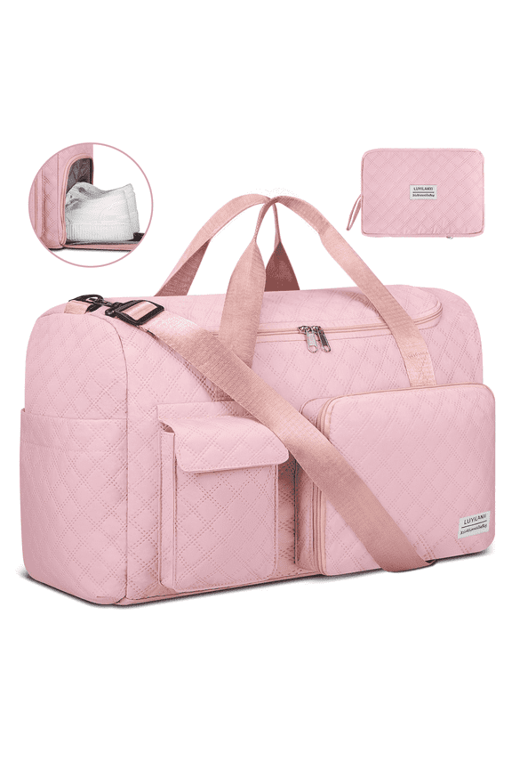 Travel Duffle Bag for Women Men, Gym Weekender Overnight Bags with Shoe Compartment & Wet Pocket, Carry On Tote Bag for Sports Plane Hospital, Pink