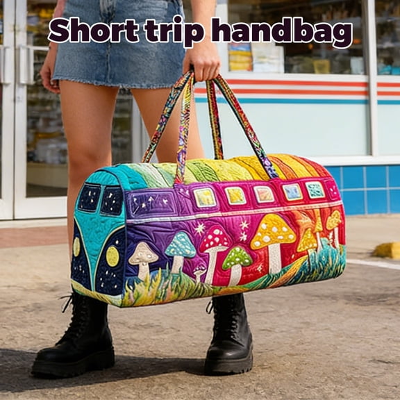 Travel Duffle Bag for Women Men, Cotton Quilted Weekender Bags Carry on Gym Bag, Bus Pattern Overnight Tote Bag for Plane Sports Dance Beach