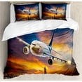 thumbnail image 1 of Travel Duvet Cover Set, Aerial View of Airport with Plane on the Air Night Scenery over City Sunset Image, Decorative 3 Piece Bedding Set with 2 Pillow Shams, Calking Size, Orange Blue, by Ambesonne, 1 of 3