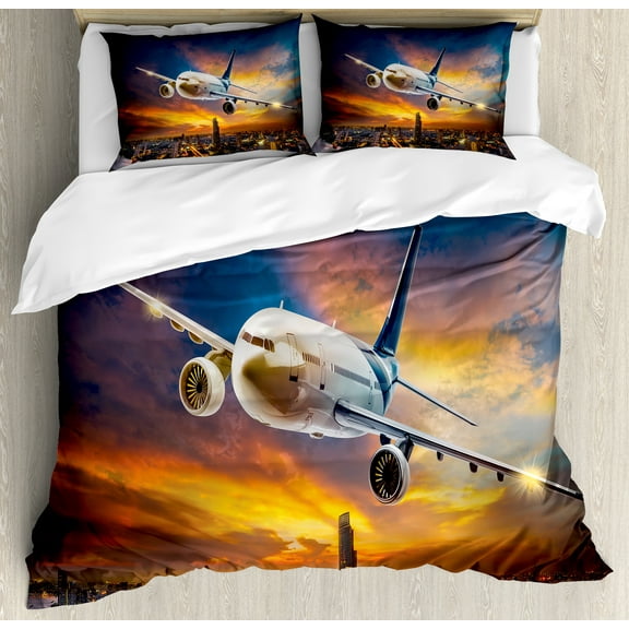 Travel Duvet Cover Set, Aerial View of Airport with Plane on the Air Night Scenery over City Sunset Image, Decorative 3 Piece Bedding Set with 2 Pillow Shams, Queen Size, Orange Blue, by Ambesonne