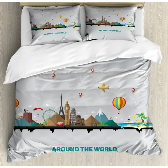 Travel Duvet Cover Set, Around the World Typography with Famous Touristic Landmarks and Map, Decorative 3 Piece Bedding Set with 2 Pillow Shams, Calking Size, Pale Grey and Multicolor, by Ambesonne