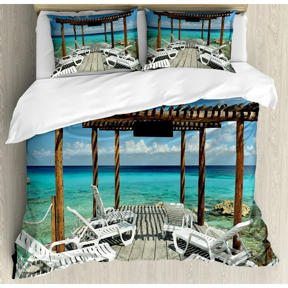 Travel Duvet Cover Set, Beach Sunbeds Ocean Sea Scenery with Wooden Seem Pier Image Print, Decorative 3 Piece Bedding Set with 2 Pillow Shams, Queen Size, Pale Brown White, by Ambesonne