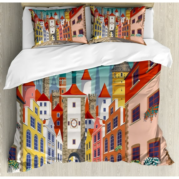 Travel Duvet Cover Set, Colorful Pattern of Historic European Medieval Urban City with Houses and Alley, Decorative 3 Piece Bedding Set with 2 Pillow Shams, Queen Size, Teal Multicolor, by Ambesonne
