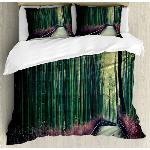 Travel Duvet Cover Set, Exotic Jungle Scenery in Arashiyama Kyoto Japan Nature Landscape Print, Decorative 3 Piece Bedding Set with 2 Pillow Shams, Queen Size, Hunter Green and Umber, by Ambesonne