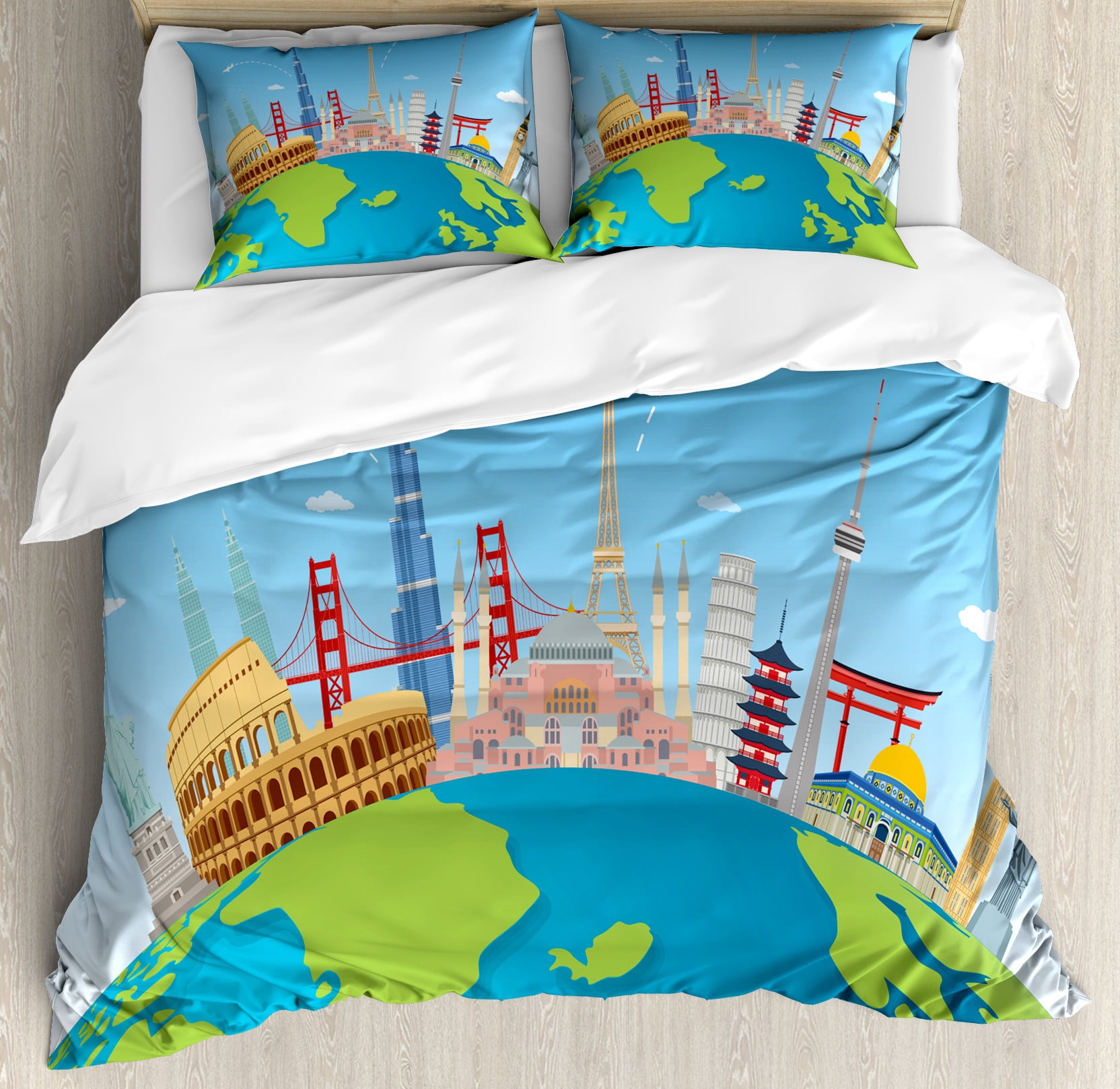 Travel Duvet Cover Set, Explore the World Themed Graphic with Famous ...