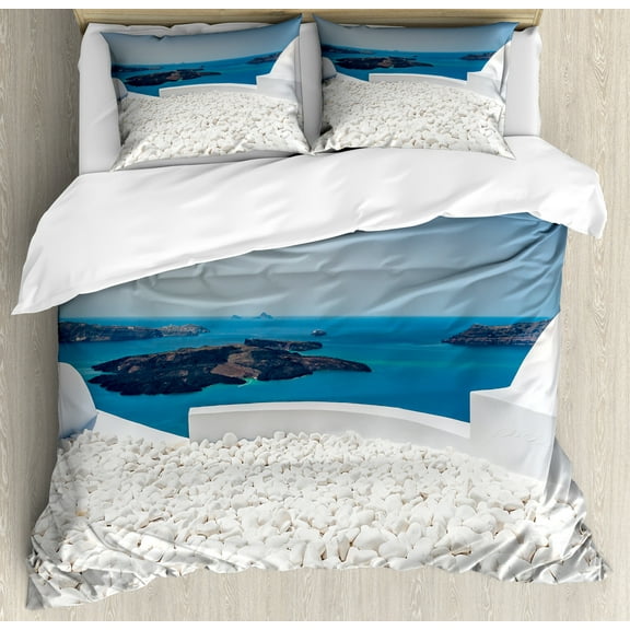Travel Duvet Cover Set, Hotel with White Stones Santorini Island Greece Landscape with Sea Art, Decorative 3 Piece Bedding Set with 2 Pillow Shams, Calking Size, Turquoise and White, by Ambesonne