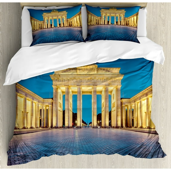 Ambesonne Travel Duvet Cover Sets, Brandenburg Gate, 2-King, Blue Yellow Pink