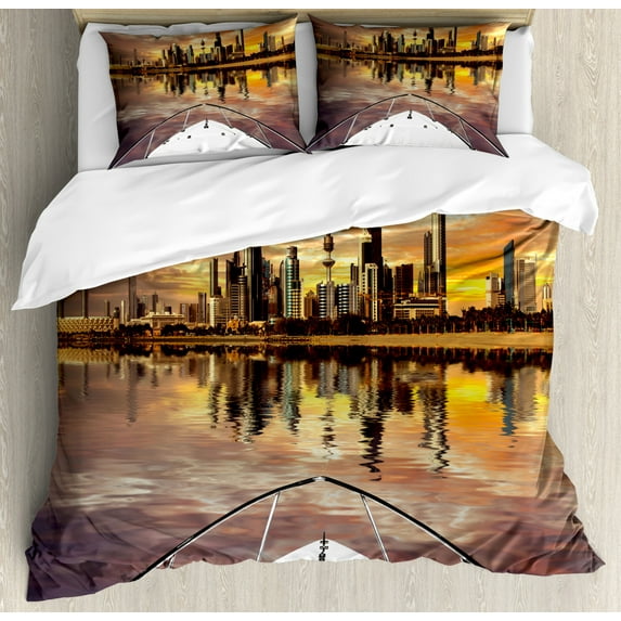 Travel Duvet Cover Set King Size, Kuwait City Skyline From Sailboat Majestic Sky Skyscrapers Arabia Landscape Photo, Decorative 3 Piece Bedding Set with 2 Pillow Shams, Multicolor, by Ambesonne