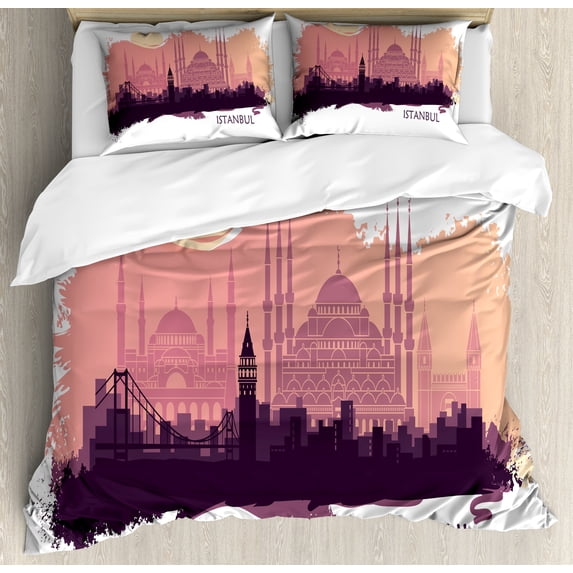 Travel Duvet Cover Set, Landscape of Turkish City with Famous Buildings, Decorative 3 Piece Bedding Set with 2 Pillow Shams, Queen Size, Coral Peach, by Ambesonne