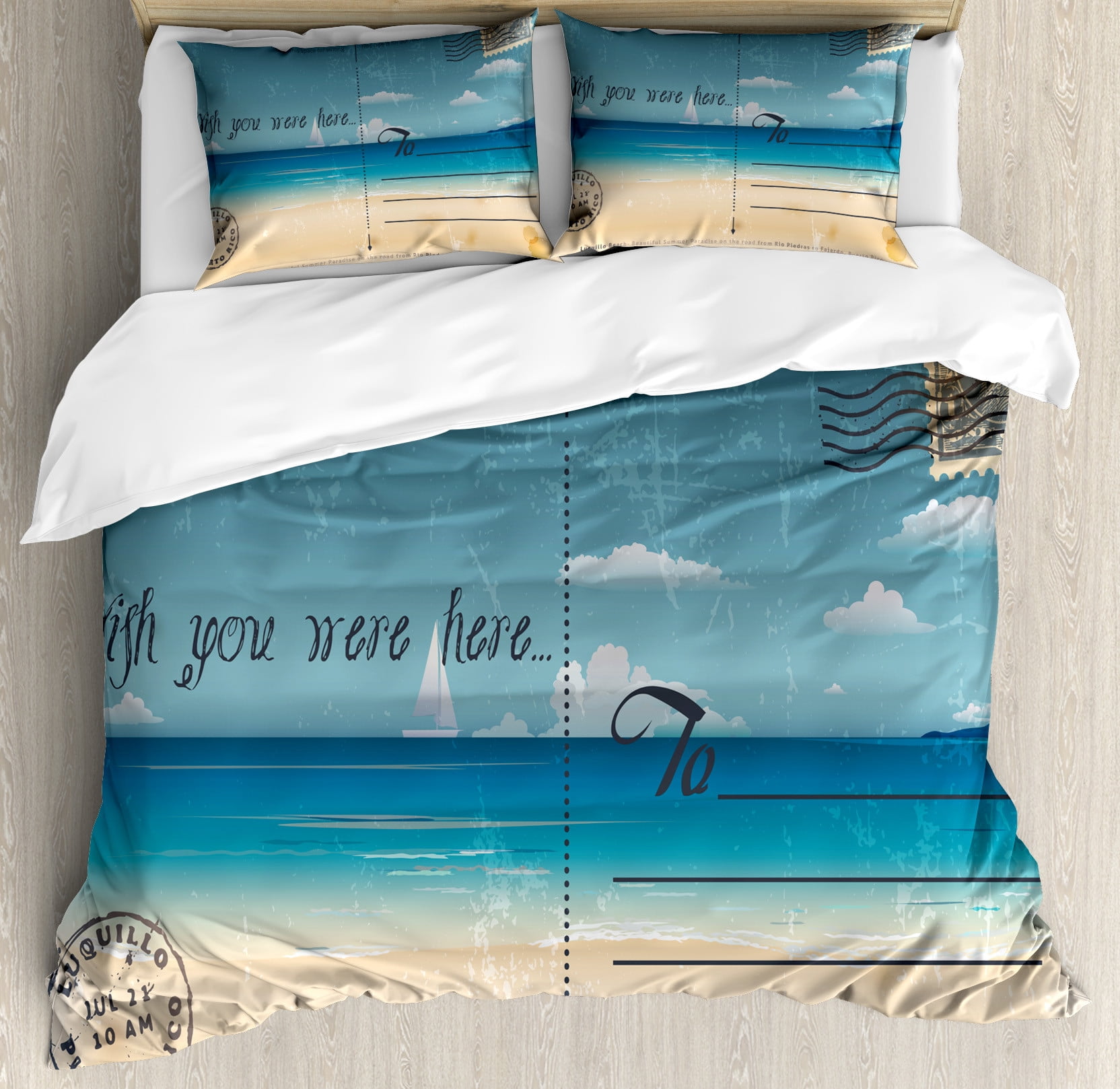 Nostalgic Tropical Sand Brown Teal Queen Duvet Cover Set