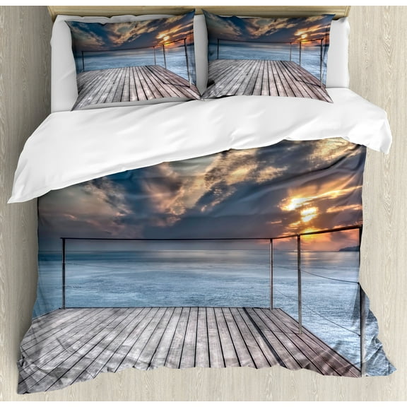 Travel Duvet Cover Set, Ocean Sea View Terrace Balcony During Sunset Dawn Image Print, Decorative 3 Piece Bedding Set with 2 Pillow Shams, Calking Size, Pale Brown Sky Blue, by Ambesonne