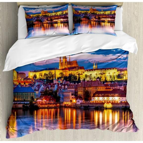 Travel Duvet Cover Set Queen Size, Evening in the Prague Czech Republic St.Vitus Cathedral Historical Architecture, Decorative 3 Piece Bedding Set with 2 Pillow Shams, Multicolor, by Ambesonne