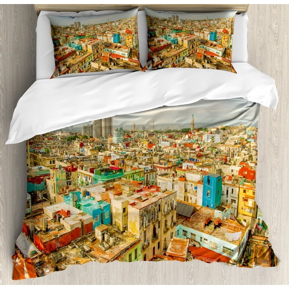 Travel Duvet Cover Set Queen Size, Panorama of Havana City Vedado District in Cuba Old Colorful Houses Historic Place, Decorative 3 Piece Bedding Set with 2 Pillow Shams, Multicolor, by Ambesonne