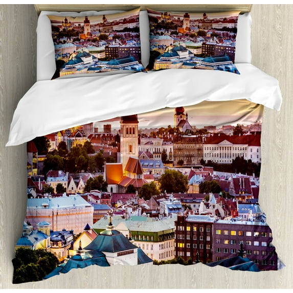 Travel Duvet Cover Set Queen Size, Tallinn Estonia Old City with Aerial View Dusk Sunset Cathedrals Tourist Attraction, Decorative 3 Piece Bedding Set with 2 Pillow Shams, Multicolor, by Ambesonne