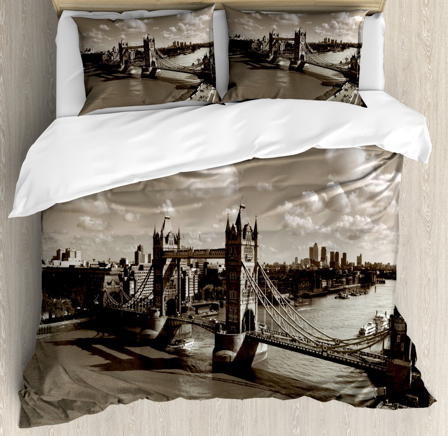 London Cityscape Sepia Queen Duvet Cover Set with Pillow Shams