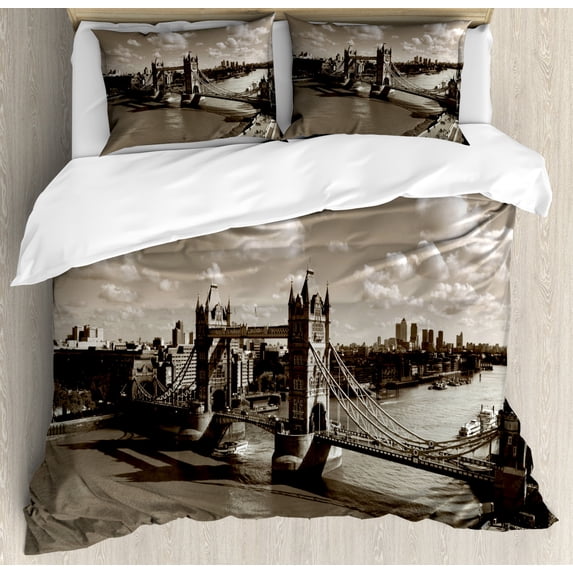 Travel Duvet Cover Set Queen Size, Tower Bridge in London City Cloudy Sky Old Historic Cityscape Nostalgia England, Decorative 3 Piece Bedding Set with 2 Pillow Shams, Sepia White, by Ambesonne