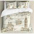 thumbnail image 1 of Travel Duvet Cover Set, Sketch Art Group of Travel over European Landmarks and Vintage Style Suitcase, Decorative 3 Piece Bedding Set with 2 Pillow Shams, Calking Size, Brown Cream, by Ambesonne, 1 of 3